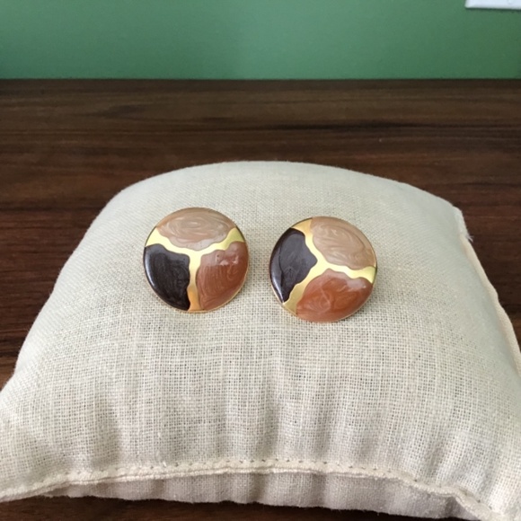 Vintage 80’s Earthy & Gold Tone Pierced Earrings Round Lightweight - Picture 13 of 16